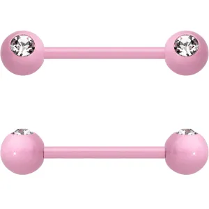 14 Gauge 5/8 Clear Gem Light Pink Acrylic Over Steel Nipple Barbell Set