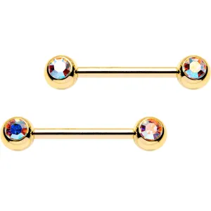 14 Gauge 9/16 Aurora Gem Gold PVD Barbell Nipple Ring Set