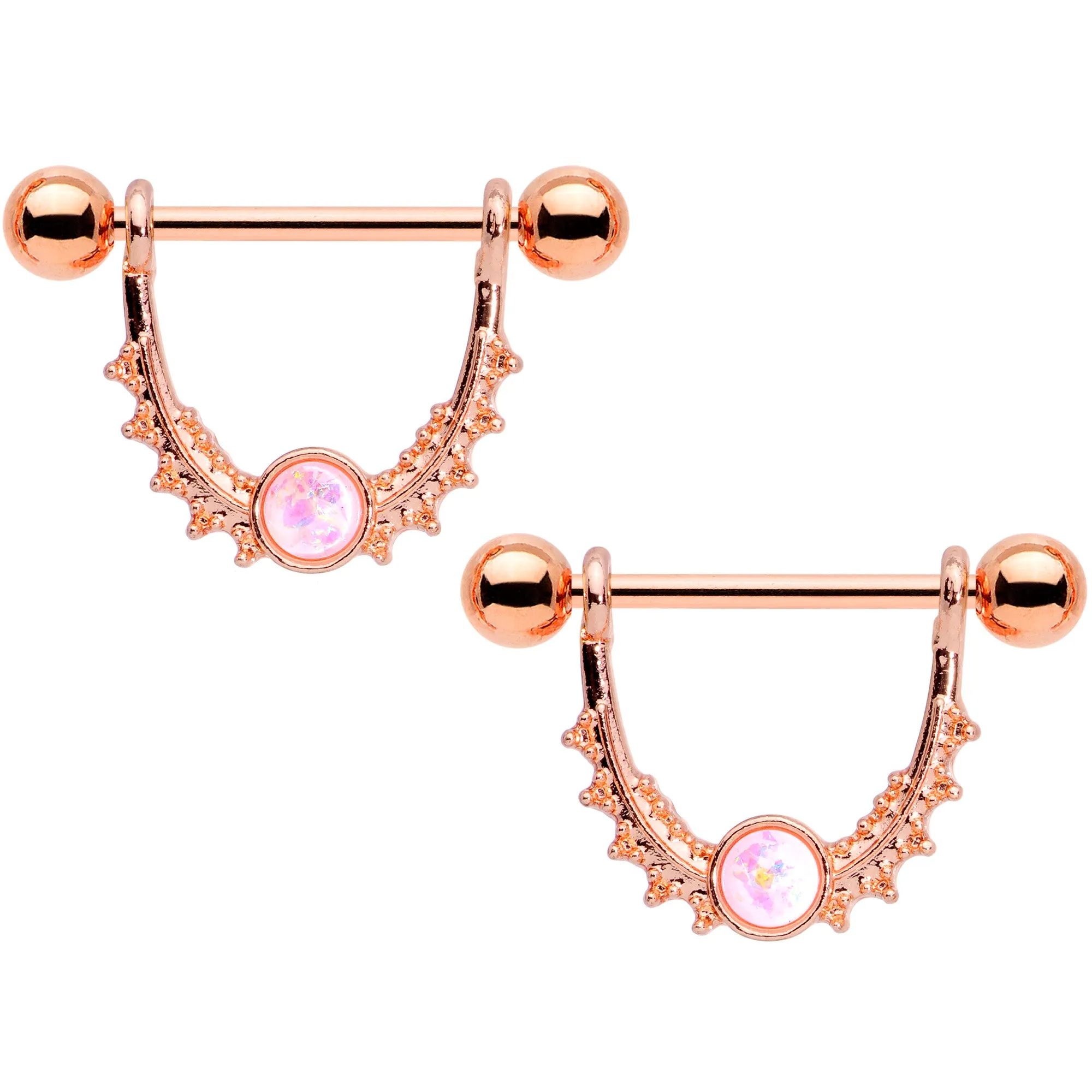 14 Gauge 9/16 White Faux Opal Rose Gold Tone Dangle Nipple Ring Set