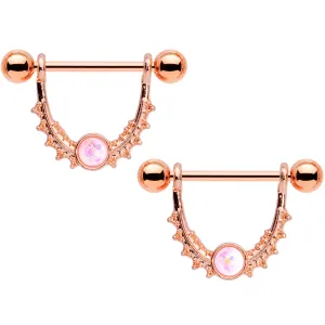14 Gauge 9/16 White Faux Opal Rose Gold Tone Dangle Nipple Ring Set