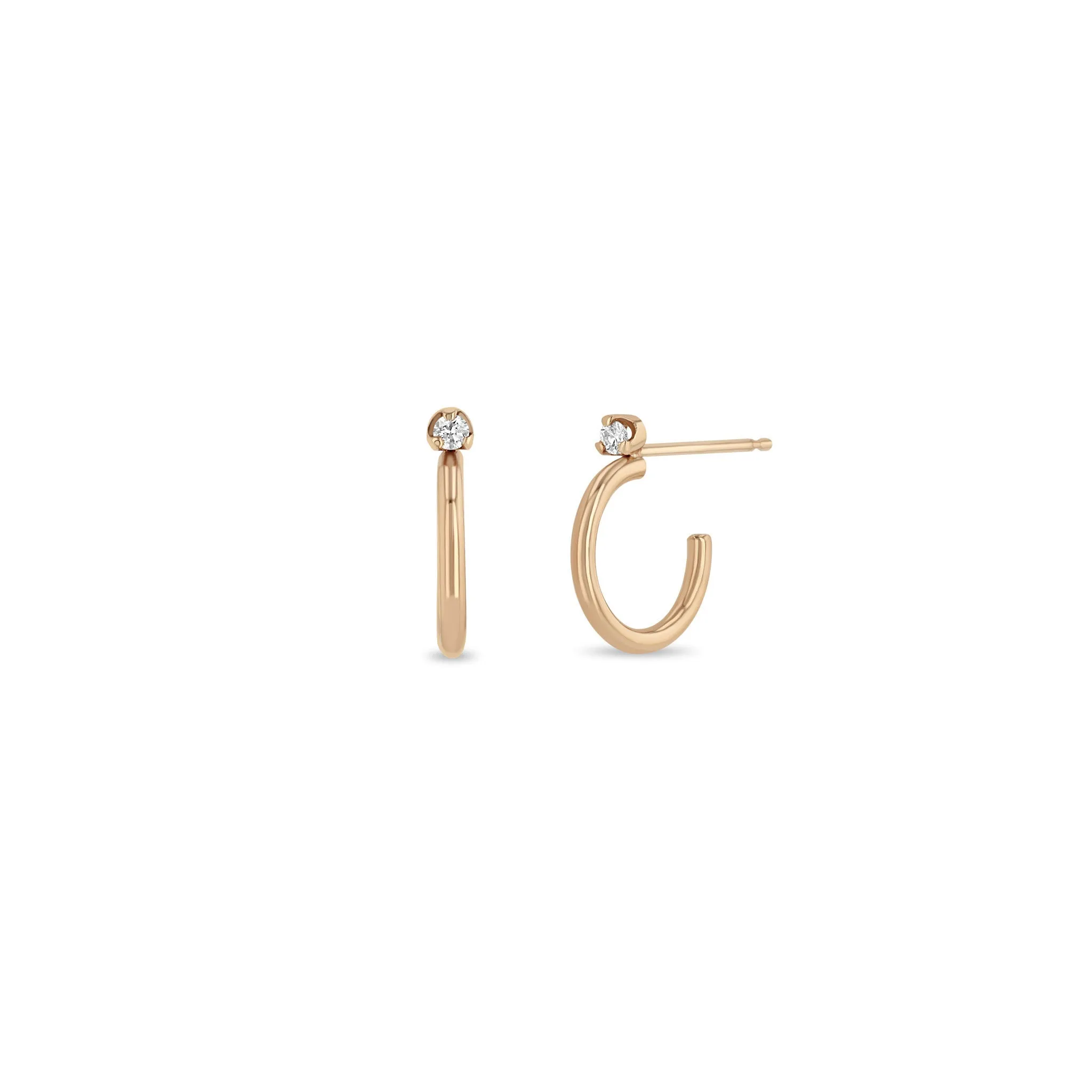 14k Thick Huggie Hoops with Prong Diamond