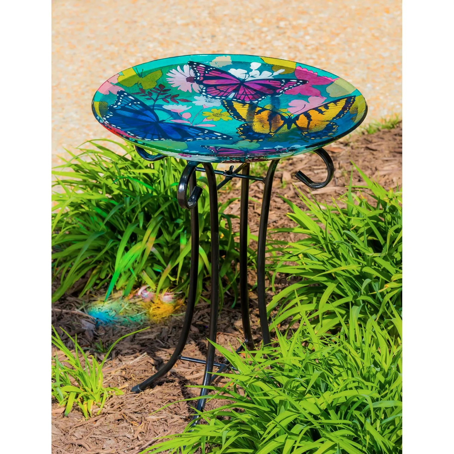 16" Glass Birdbath w/ Stand, Bountiful Butterfly,2gb749