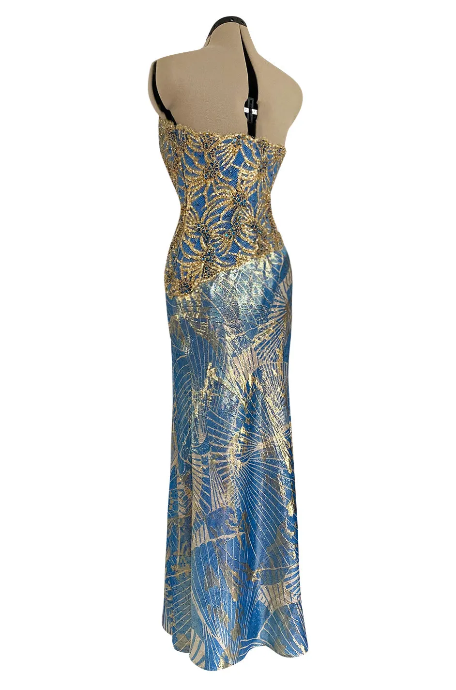 1980s James Galanos Gold Lame Blue Dress w Heavily Sequinned & Jewelled Strapless Bodice