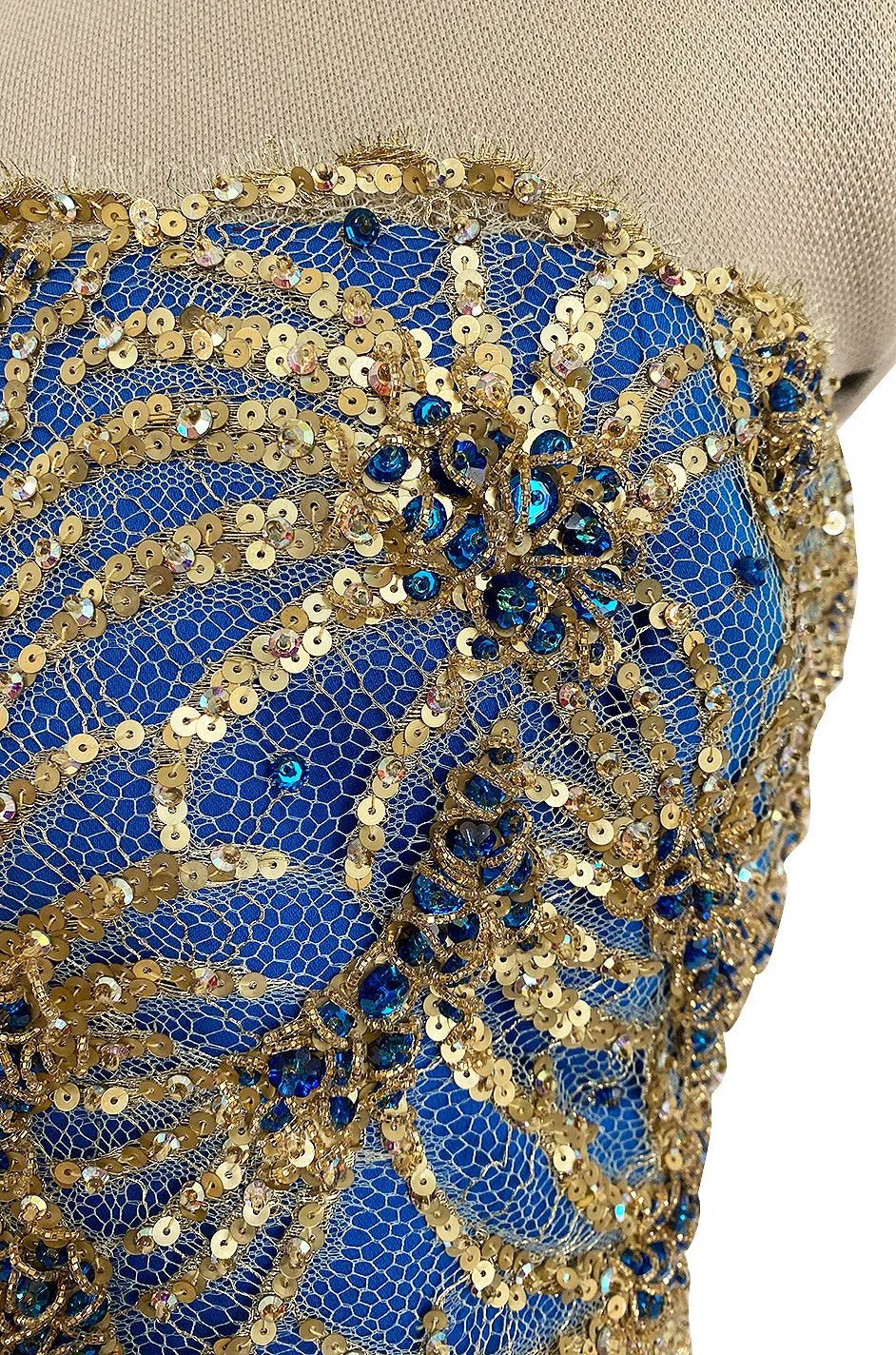 1980s James Galanos Gold Lame Blue Dress w Heavily Sequinned & Jewelled Strapless Bodice