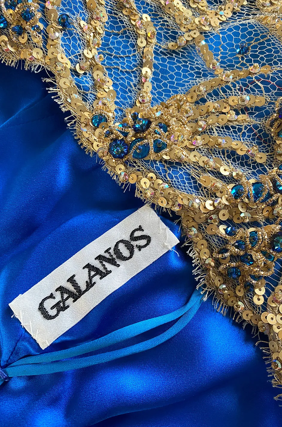 1980s James Galanos Gold Lame Blue Dress w Heavily Sequinned & Jewelled Strapless Bodice