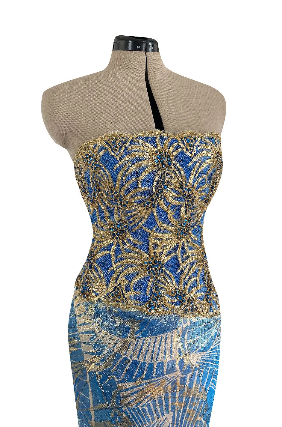 1980s James Galanos Gold Lame Blue Dress w Heavily Sequinned & Jewelled Strapless Bodice