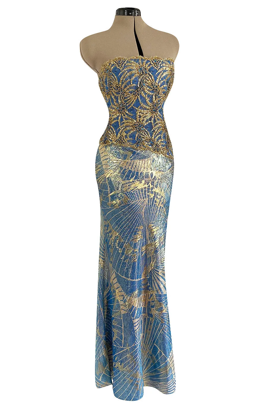 1980s James Galanos Gold Lame Blue Dress w Heavily Sequinned & Jewelled Strapless Bodice