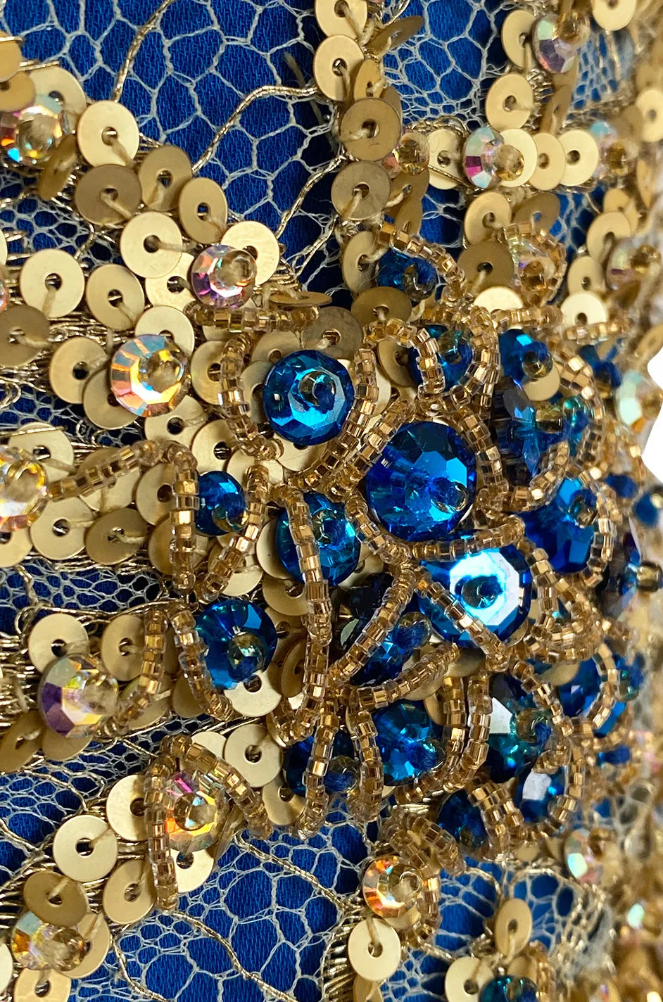 1980s James Galanos Gold Lame Blue Dress w Heavily Sequinned & Jewelled Strapless Bodice