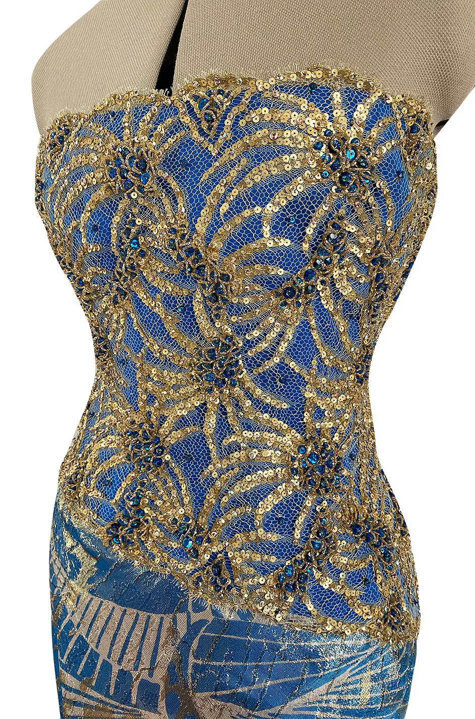 1980s James Galanos Gold Lame Blue Dress w Heavily Sequinned & Jewelled Strapless Bodice