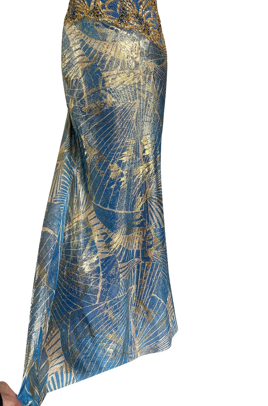 1980s James Galanos Gold Lame Blue Dress w Heavily Sequinned & Jewelled Strapless Bodice