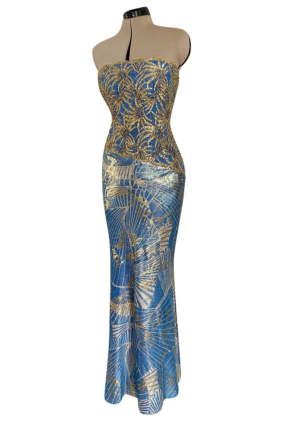 1980s James Galanos Gold Lame Blue Dress w Heavily Sequinned & Jewelled Strapless Bodice