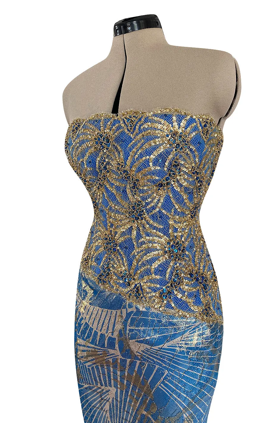 1980s James Galanos Gold Lame Blue Dress w Heavily Sequinned & Jewelled Strapless Bodice