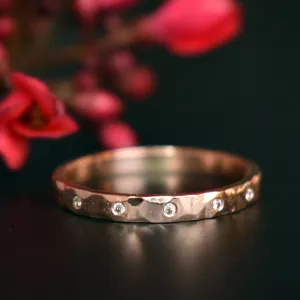 2mm Hammered Gold Ring with flush set Champagne Diamond
