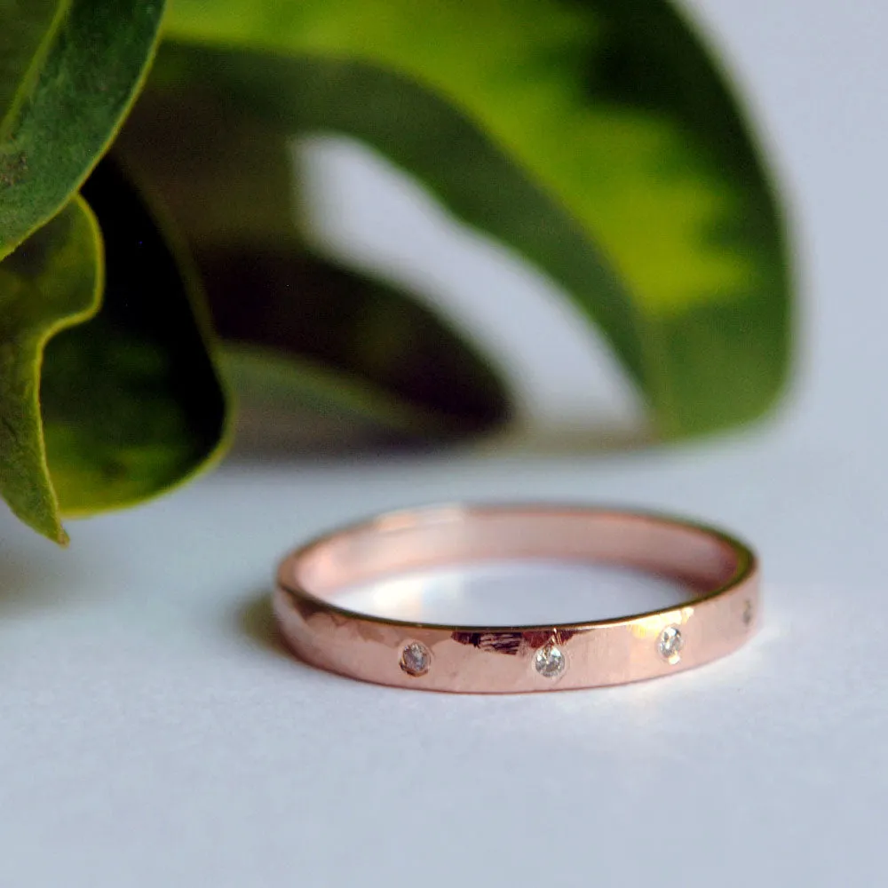 2mm Hammered Gold Ring with flush set Champagne Diamond