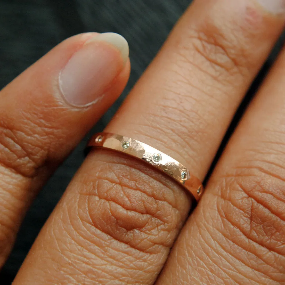 2mm Hammered Gold Ring with flush set Champagne Diamond