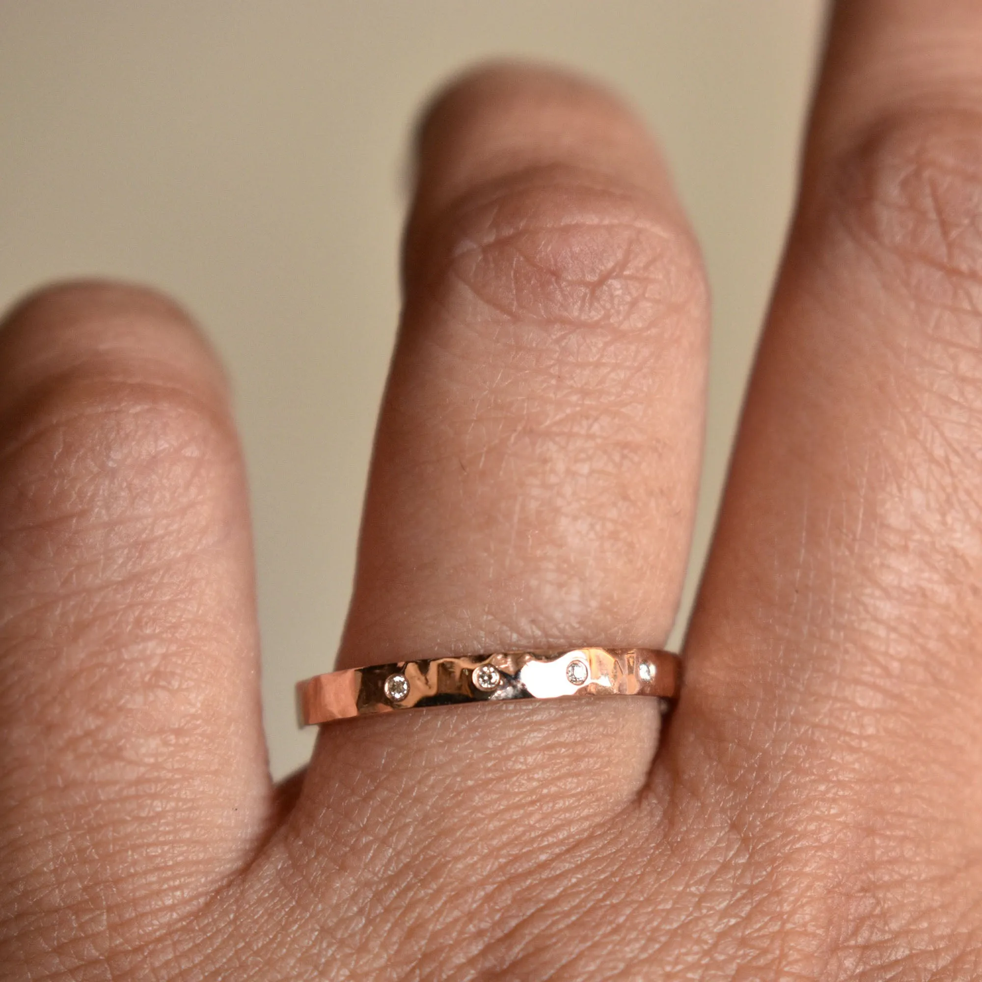 2mm Hammered Gold Ring with flush set Champagne Diamond