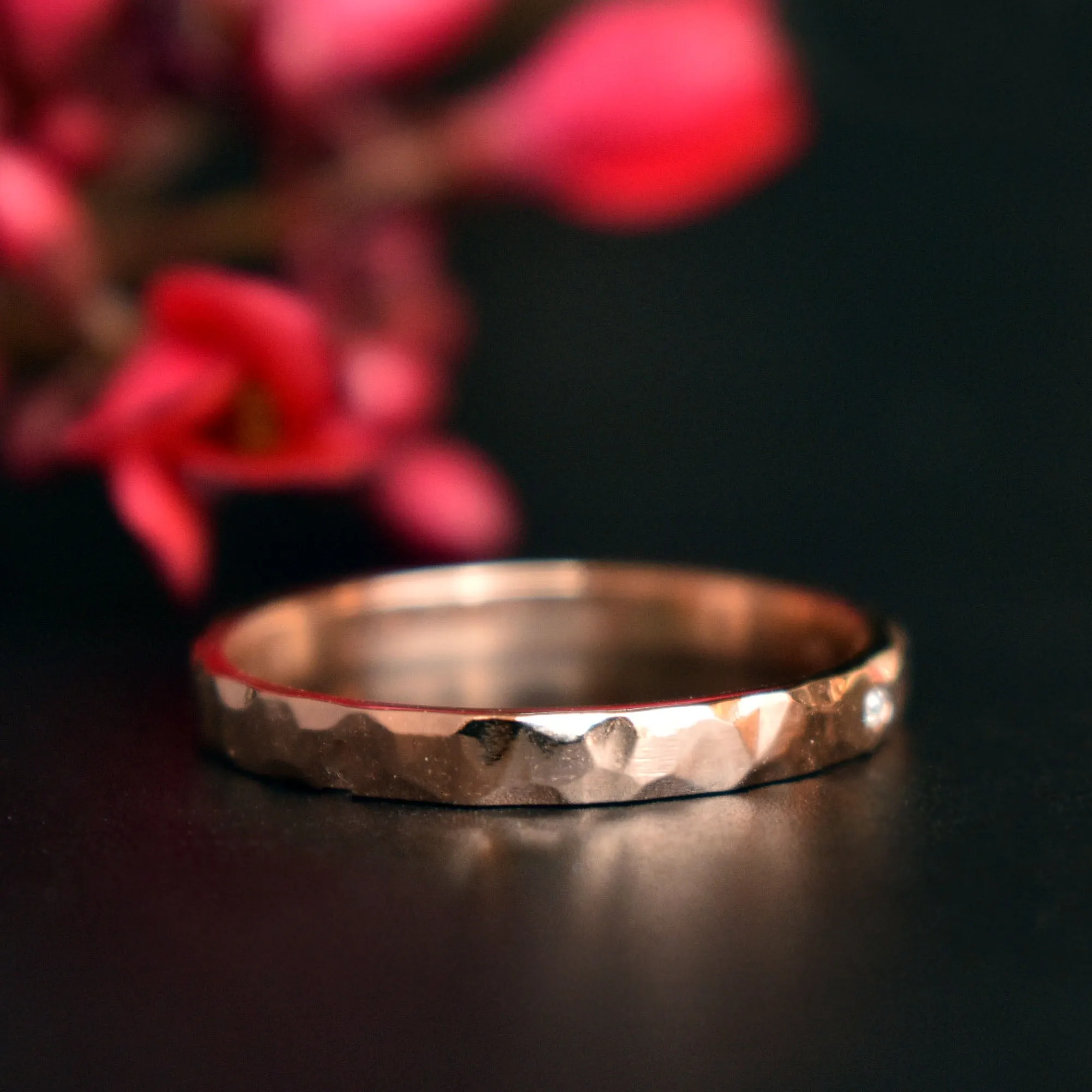 2mm Hammered Gold Ring with flush set Champagne Diamond