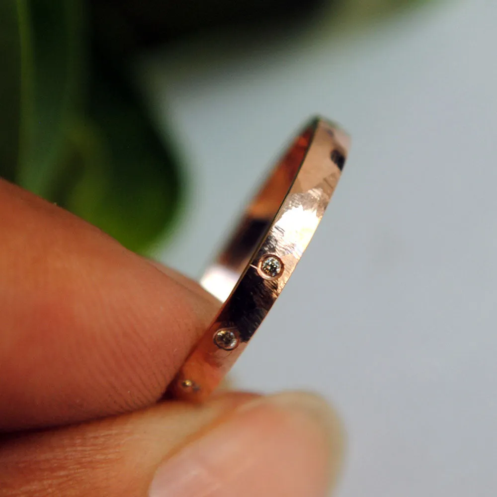 2mm Hammered Gold Ring with flush set Champagne Diamond