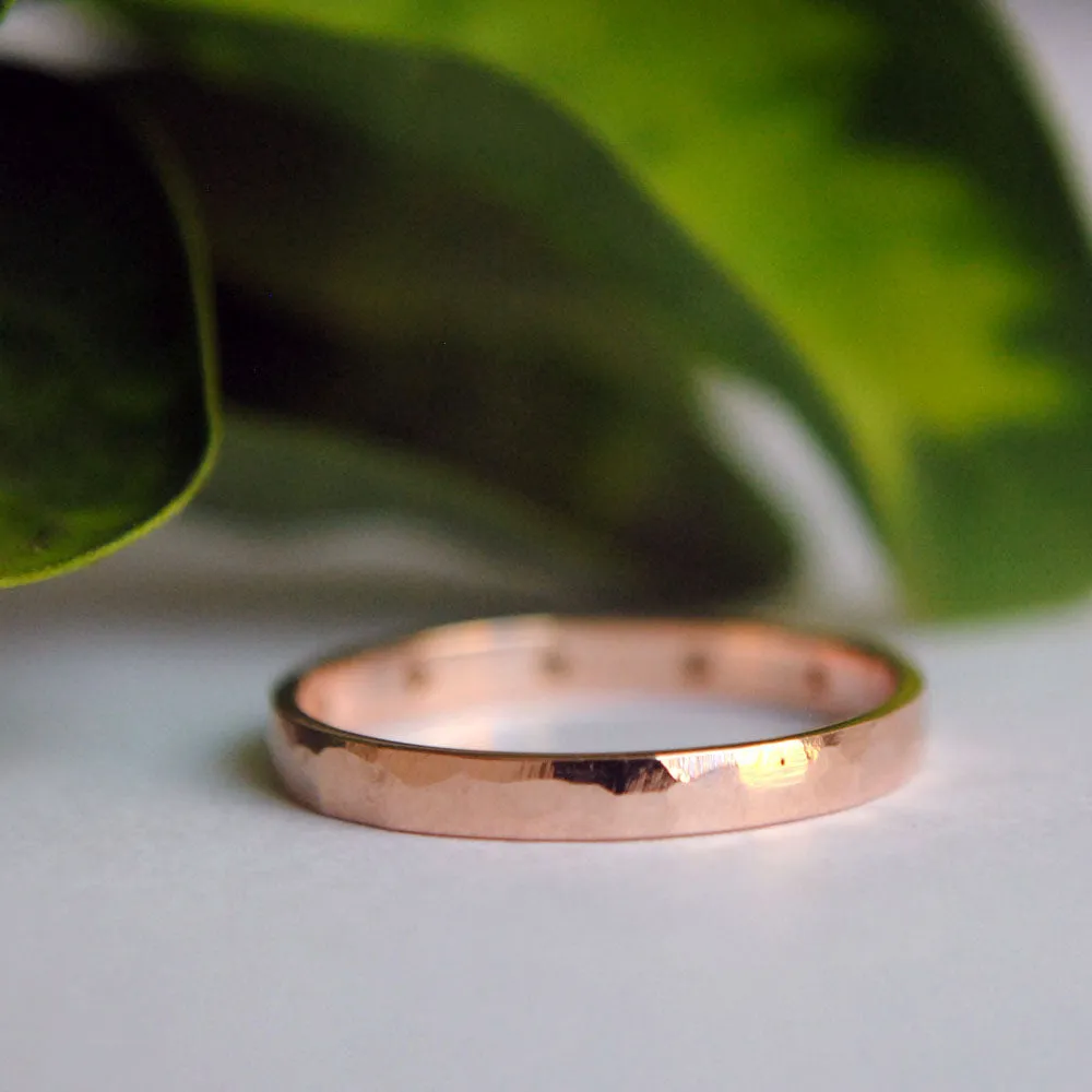 2mm Hammered Gold Ring with flush set Champagne Diamond