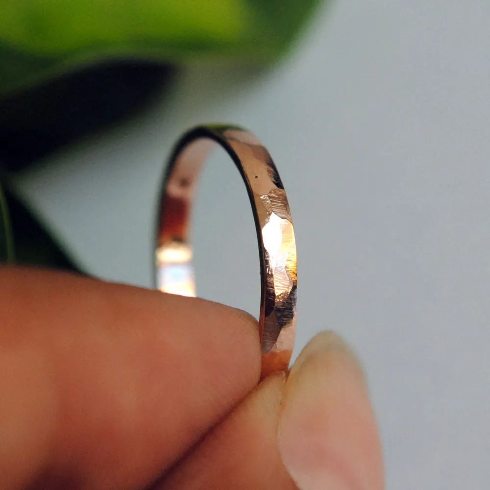 2mm Hammered Gold Ring with flush set Champagne Diamond