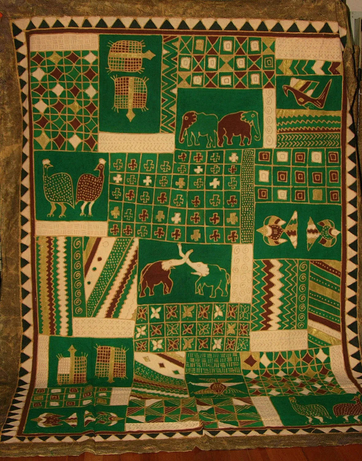 African Batik Elephant, Turtle, Guinea Fowl, Tapestry/Fabric Green Cocoa Gold Cream Zimbabwe 84"W X 117"L