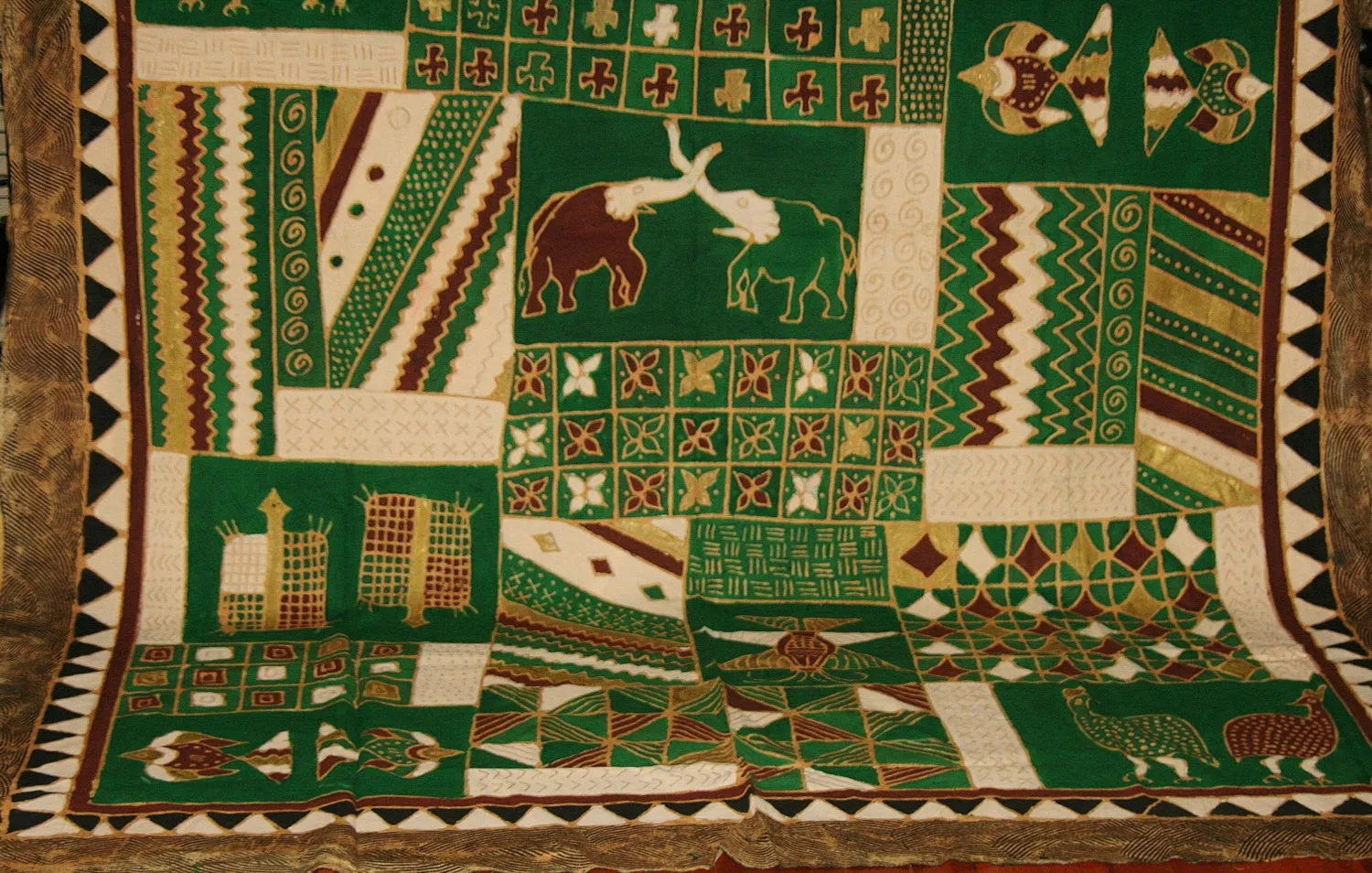 African Batik Elephant, Turtle, Guinea Fowl, Tapestry/Fabric Green Cocoa Gold Cream Zimbabwe 84"W X 117"L