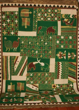 African Batik Elephant, Turtle, Guinea Fowl, Tapestry/Fabric Green Cocoa Gold Cream Zimbabwe 84"W X 117"L
