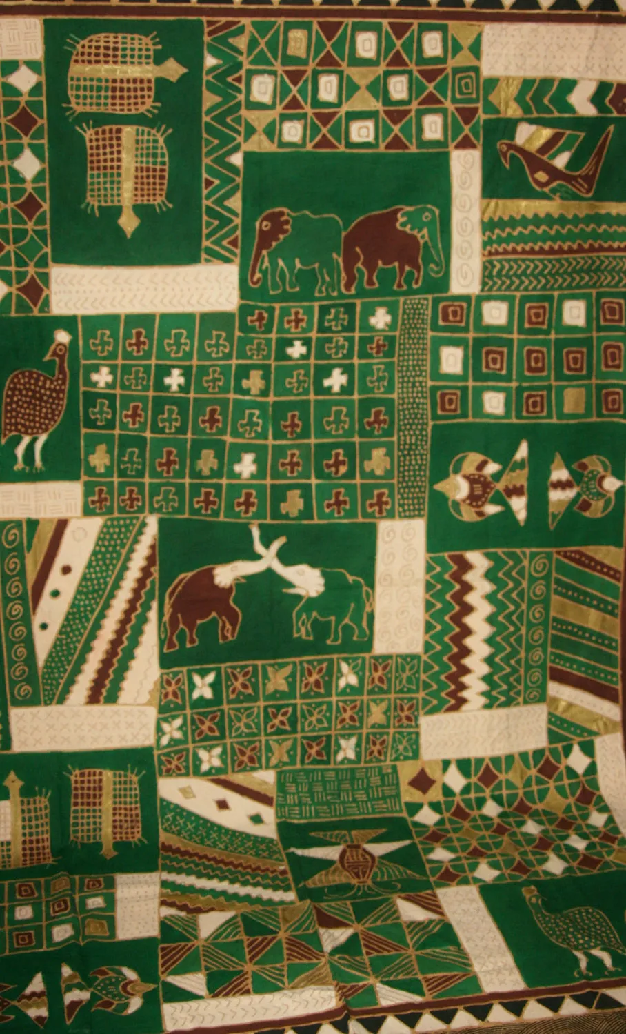 African Batik Elephant, Turtle, Guinea Fowl, Tapestry/Fabric Green Cocoa Gold Cream Zimbabwe 84"W X 117"L