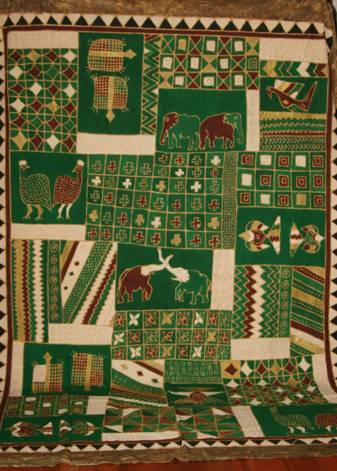 African Batik Elephant, Turtle, Guinea Fowl, Tapestry/Fabric Green Cocoa Gold Cream Zimbabwe 84"W X 117"L