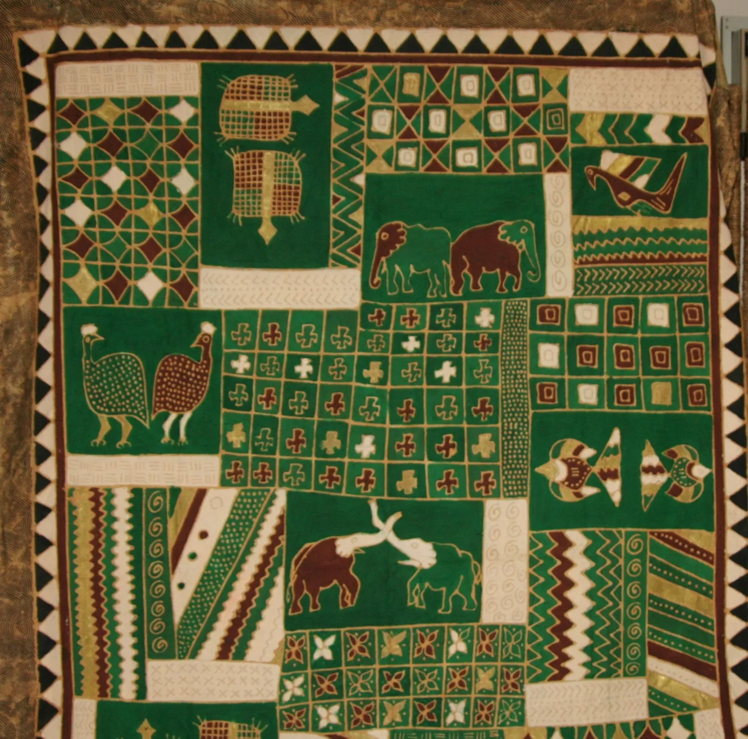 African Batik Elephant, Turtle, Guinea Fowl, Tapestry/Fabric Green Cocoa Gold Cream Zimbabwe 84"W X 117"L