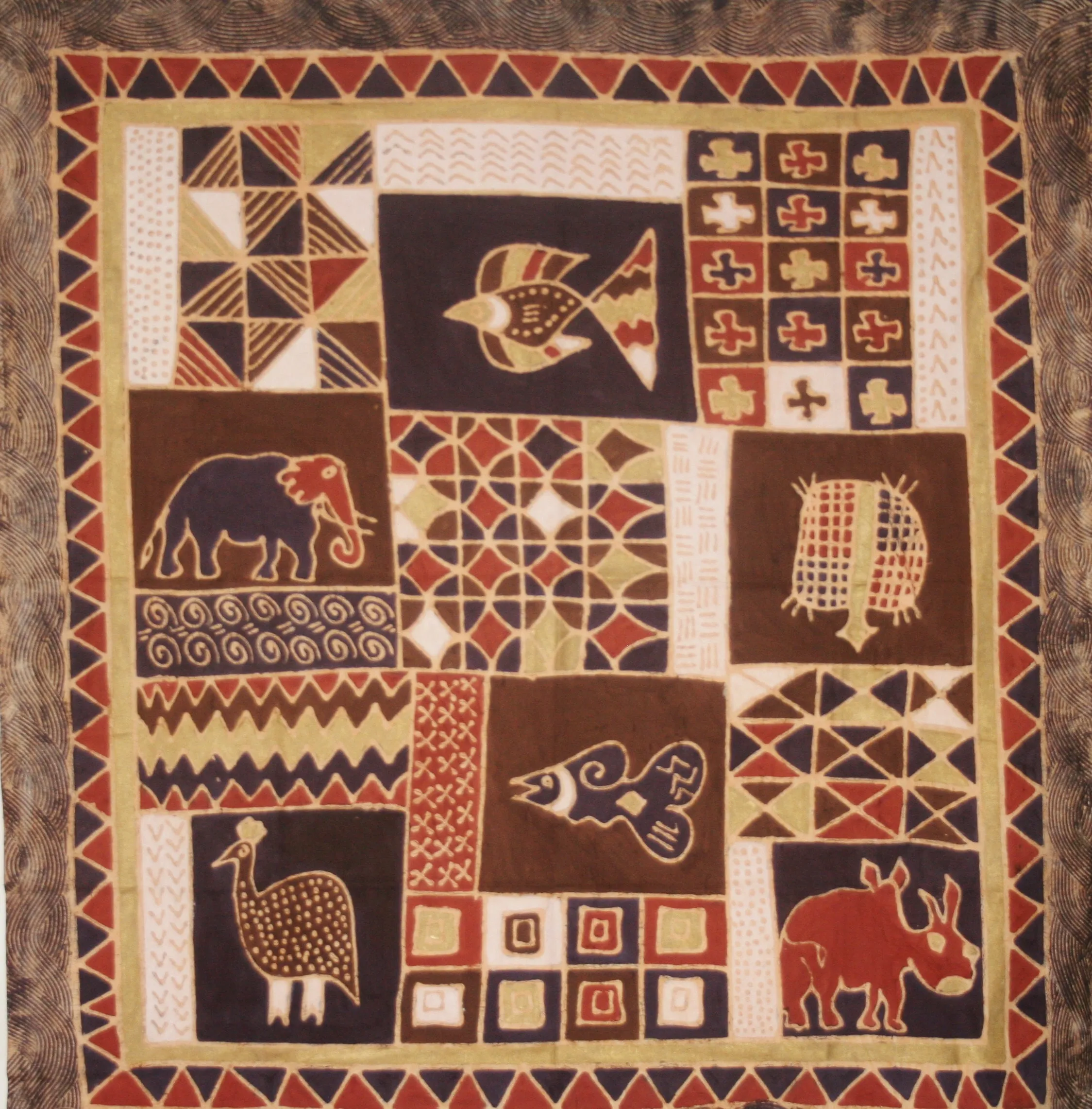 African Batik Tapestry Fabric Elephant, Rhino, Geometric Art in Brown Gold White