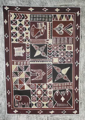 African Batik Tapestry Handcrafted in Zimbabwe  Brown Gold Burgundy Vintage 57" X 78"