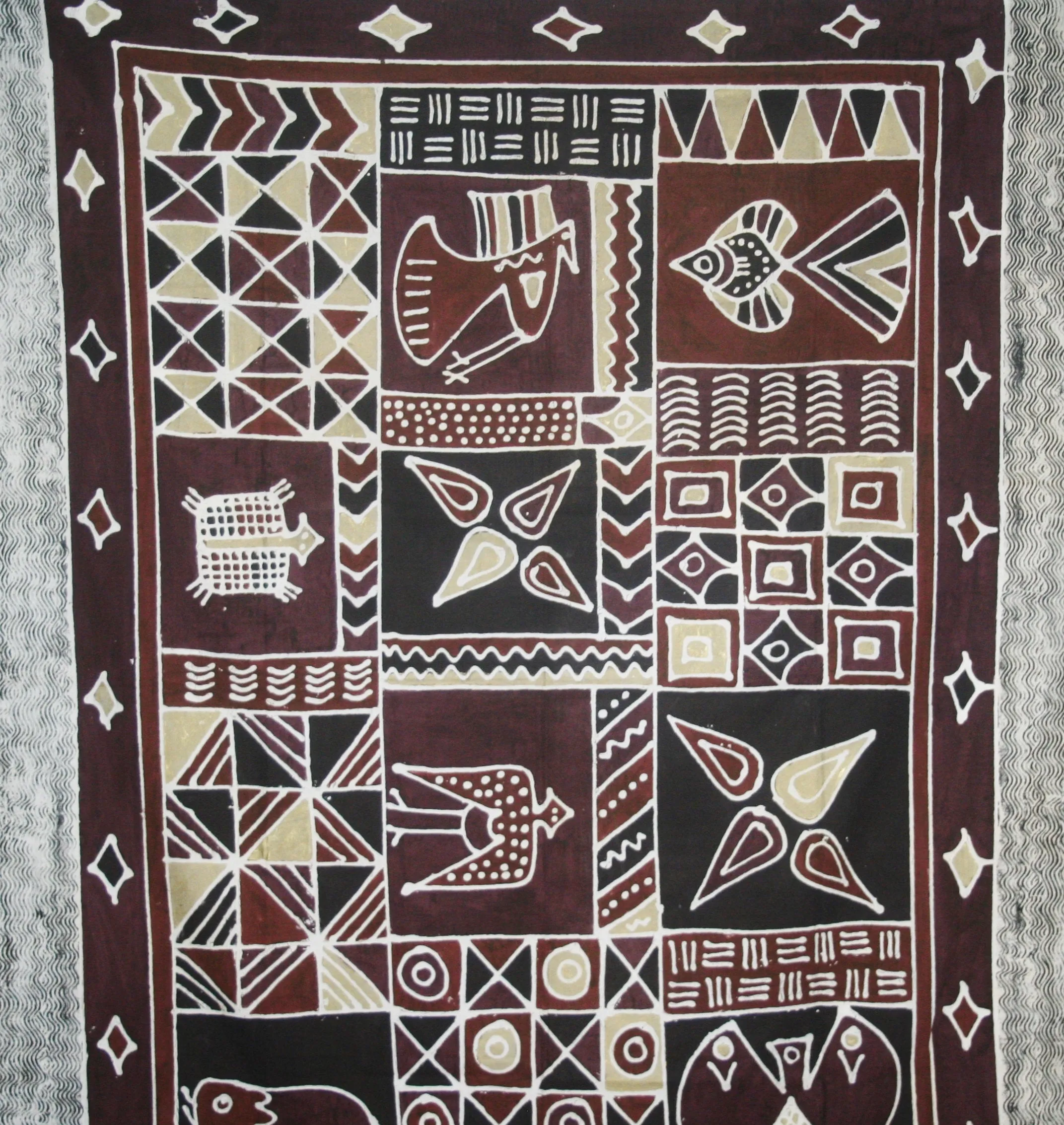 African Batik Tapestry Handcrafted in Zimbabwe  Brown Gold Burgundy Vintage 57" X 78"