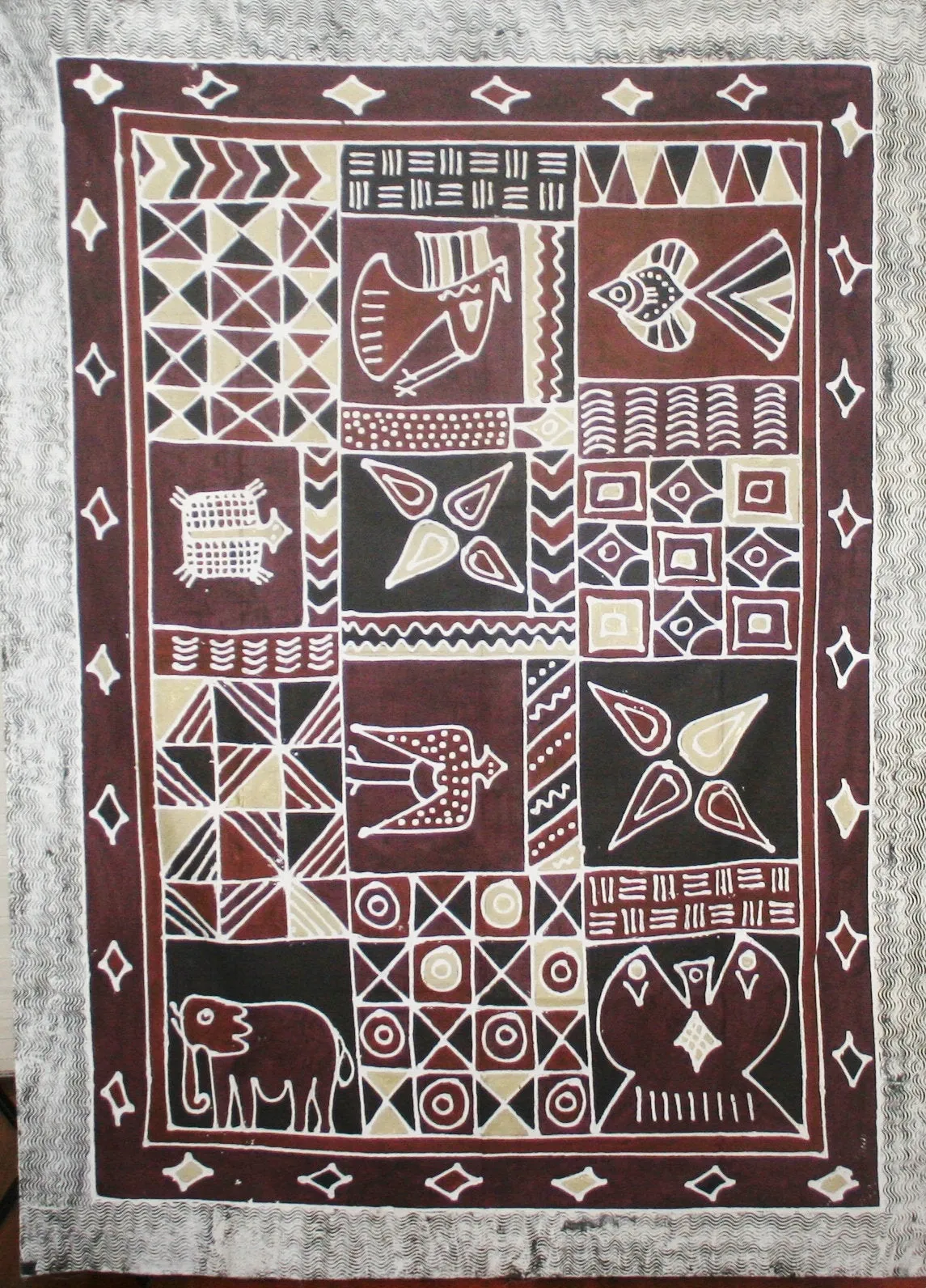 African Batik Tapestry Handcrafted in Zimbabwe  Brown Gold Burgundy Vintage 57" X 78"