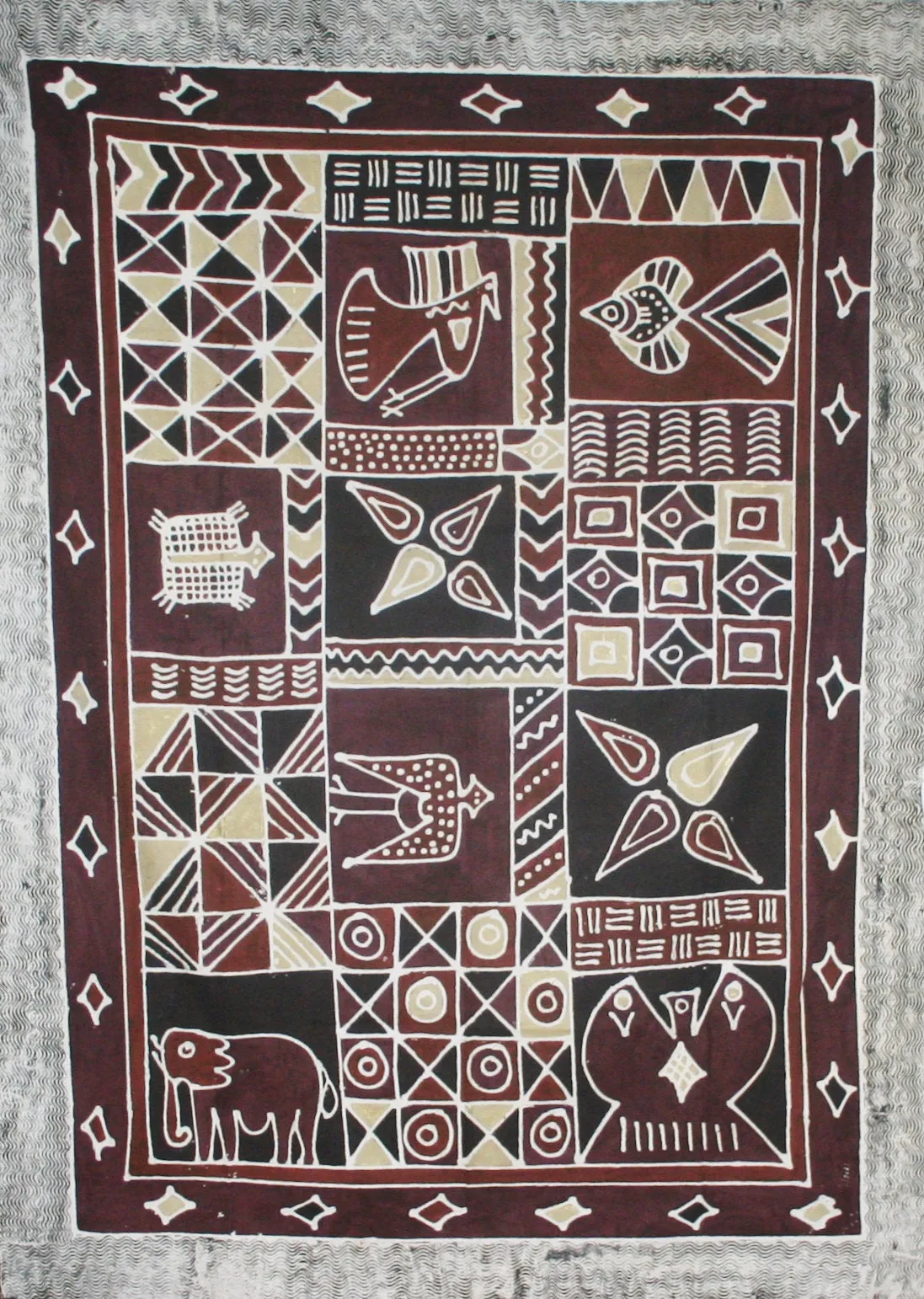 African Batik Tapestry Handcrafted in Zimbabwe  Brown Gold Burgundy Vintage 57" X 78"