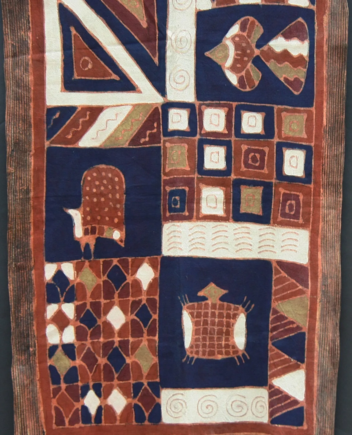 African Batik Textile Turtle, Fish, Guinea Fowl,Tribal Design 34" X 55" Handmade Zimbabwe
