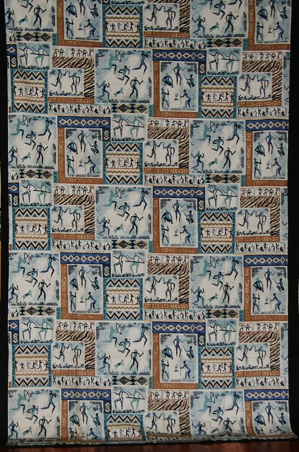 African Bushman Hunters Screen Print Zimbabwe Fabric Blue Brown White Black 60" X 84"