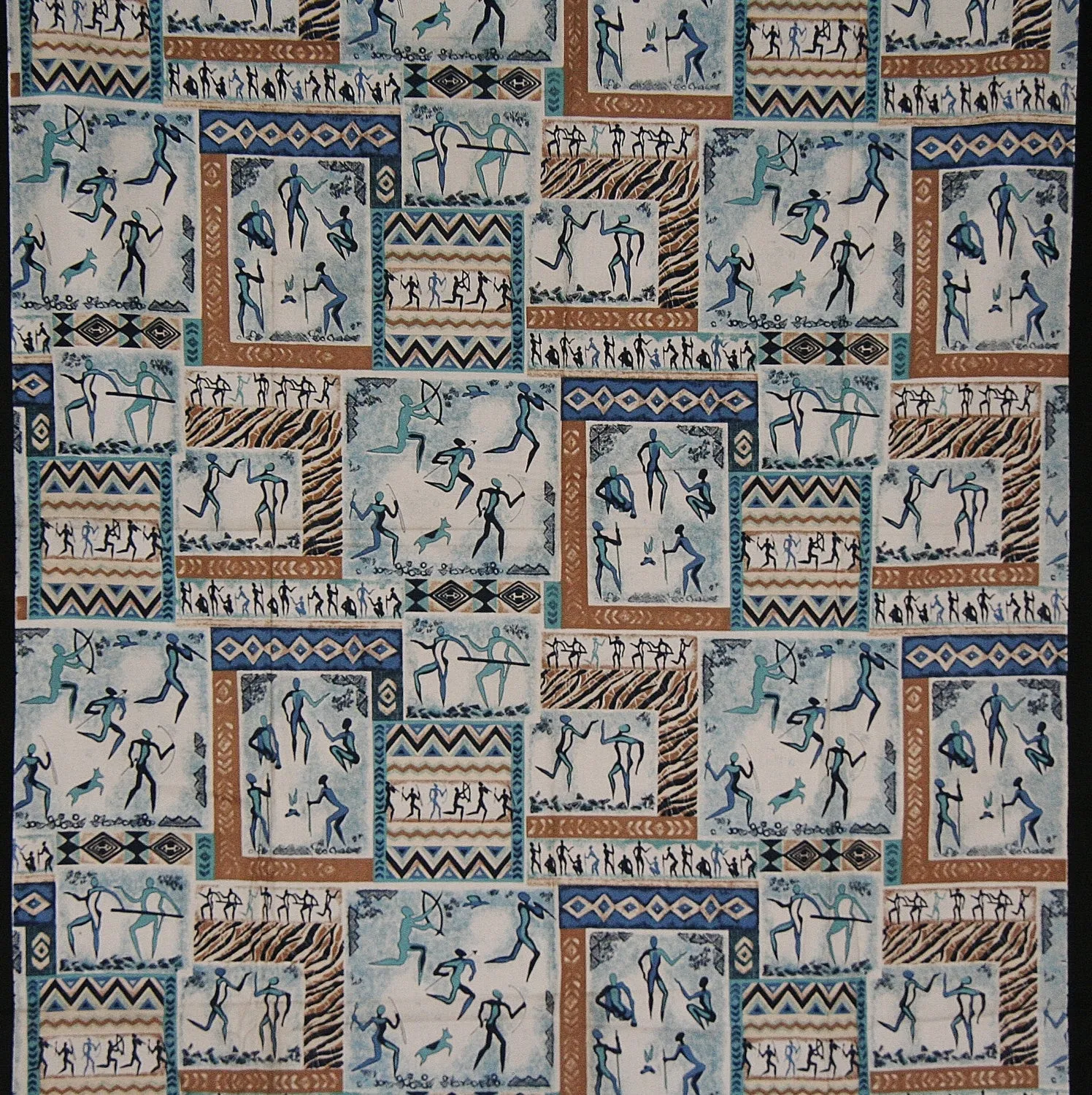 African Bushman Hunters Screen Print Zimbabwe Fabric Blue Brown White Black 60" X 84"