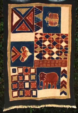 African Fringe Batik Zimbabwe 35"X52" - Elephant, Fish, Turtle-Brown, Charcoal, Navy, Gold White