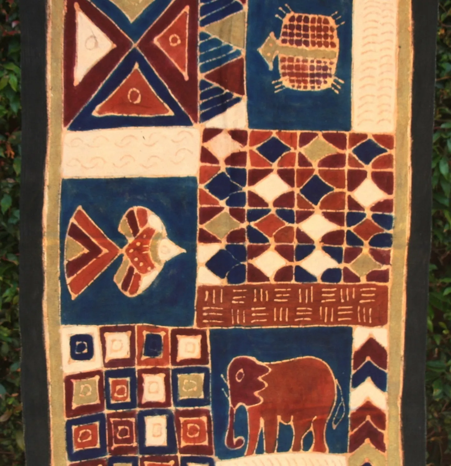 African Fringe Batik Zimbabwe 35"X52" - Elephant, Fish, Turtle-Brown, Charcoal, Navy, Gold White