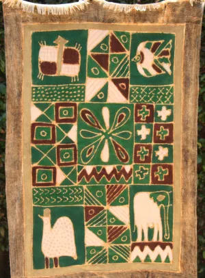 African Green Batik Zimbabwe 34"X54" -  Guinea Fowl, Elephant, Fish,Turtle - Green, White, Gold