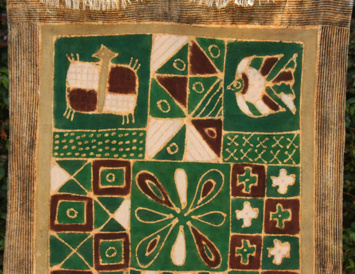 African Green Batik Zimbabwe 34"X54" -  Guinea Fowl, Elephant, Fish,Turtle - Green, White, Gold