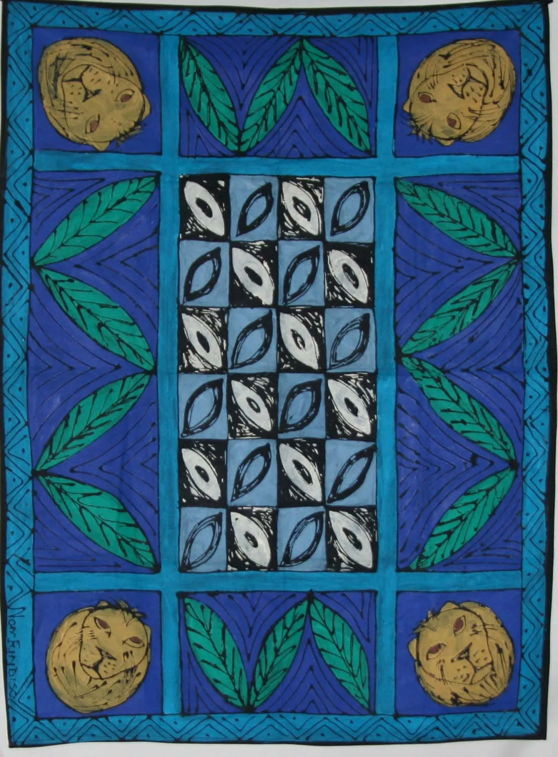 African Tapestry/Tablecloth Lion Heads Tribal Designs 44"W X 58"L