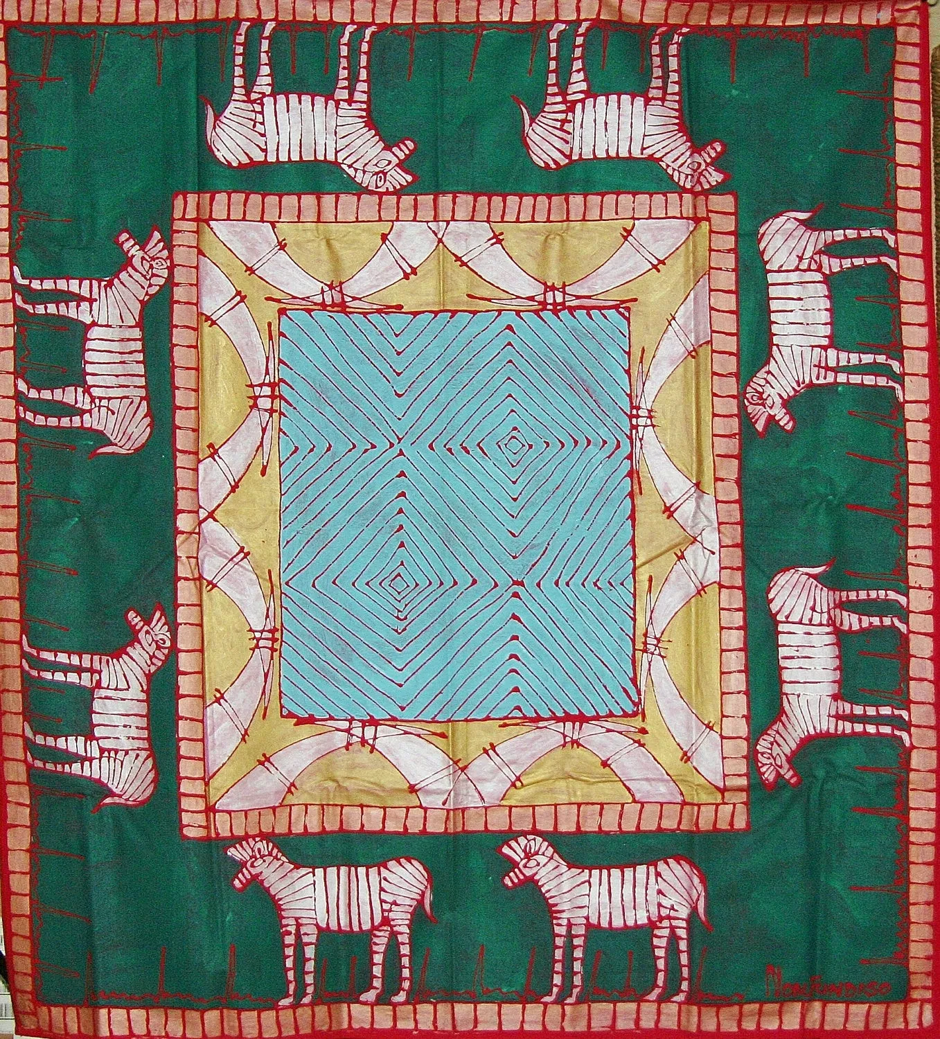 African Zebra Tapestry/Tablecloth Colors of Forest Green, Pale Gold, Periwinkle,Blue 55"X 58" South Africa