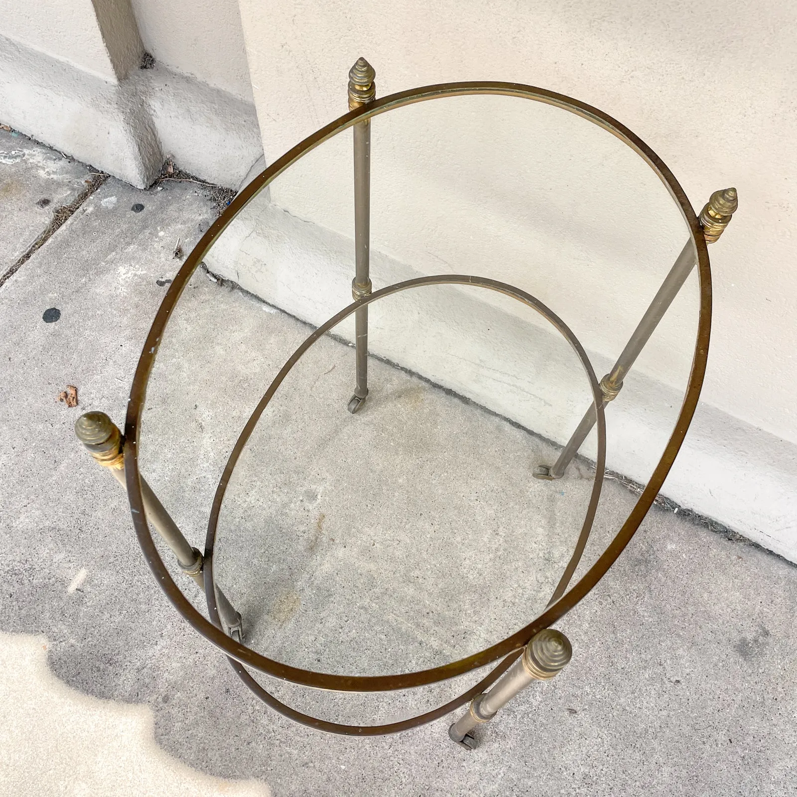 Antique French Ovular Brass Bar Trolly with Glass Shelves