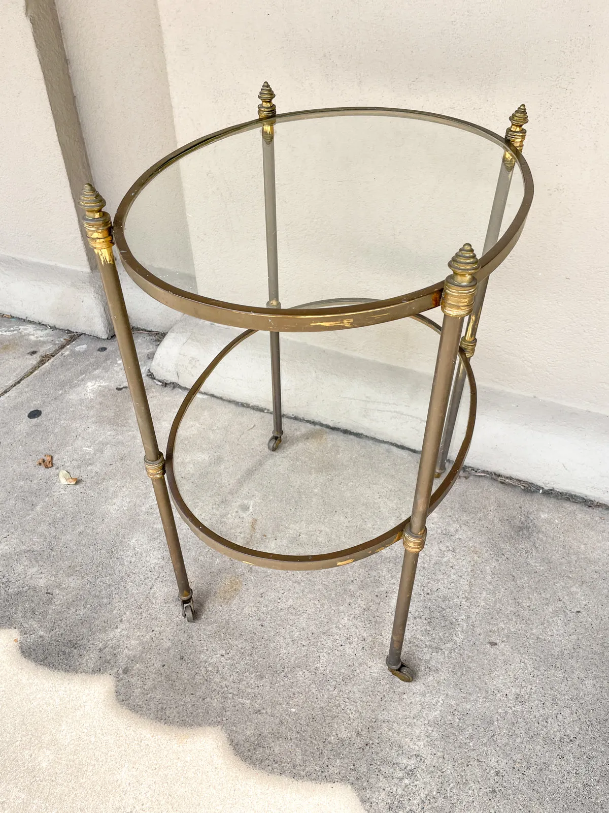 Antique French Ovular Brass Bar Trolly with Glass Shelves