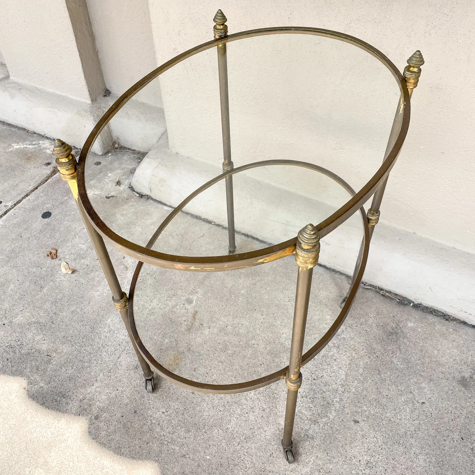 Antique French Ovular Brass Bar Trolly with Glass Shelves