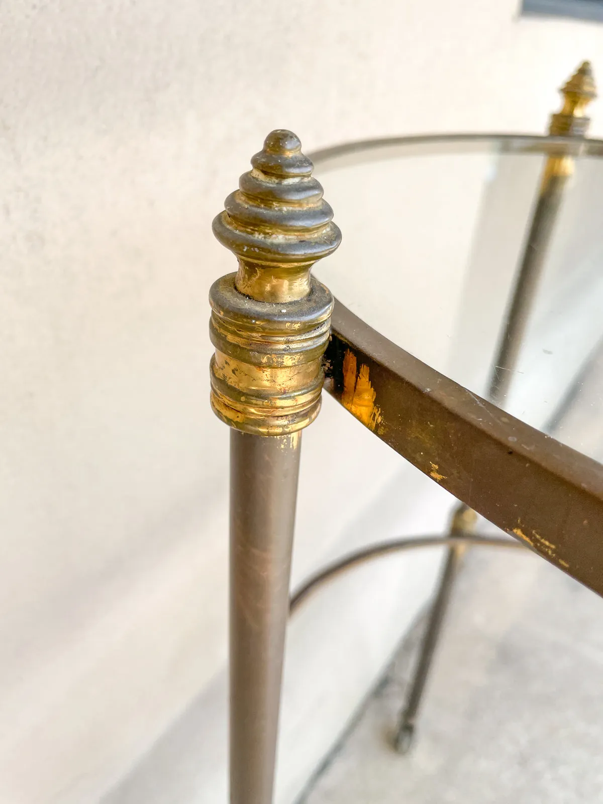 Antique French Ovular Brass Bar Trolly with Glass Shelves