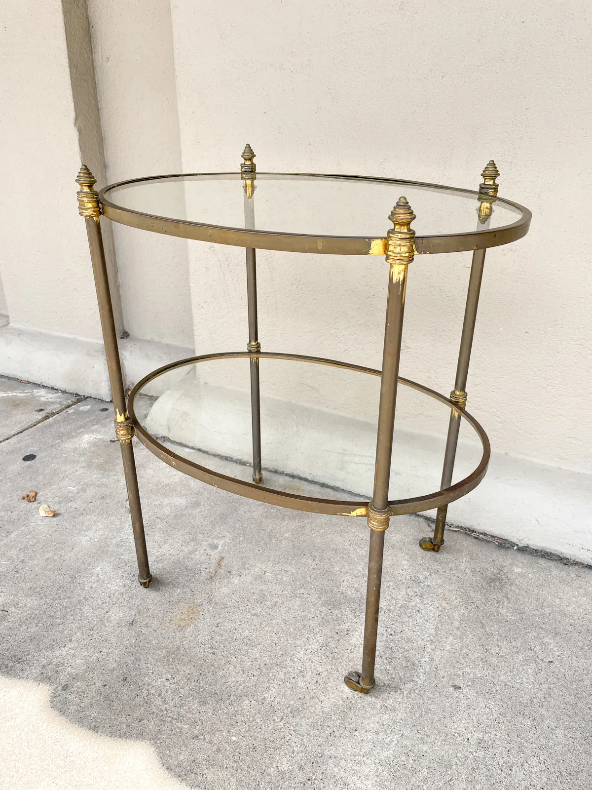 Antique French Ovular Brass Bar Trolly with Glass Shelves