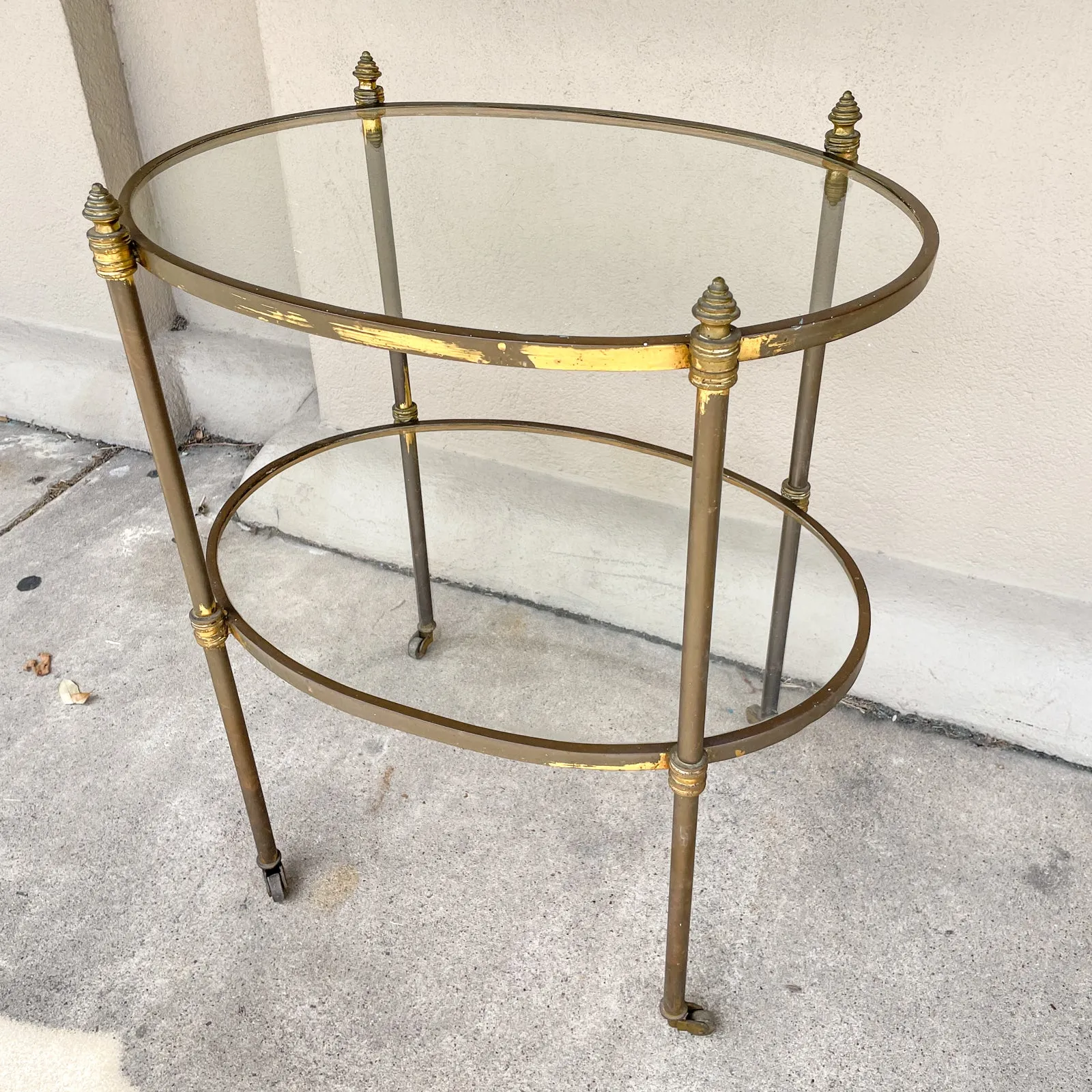 Antique French Ovular Brass Bar Trolly with Glass Shelves
